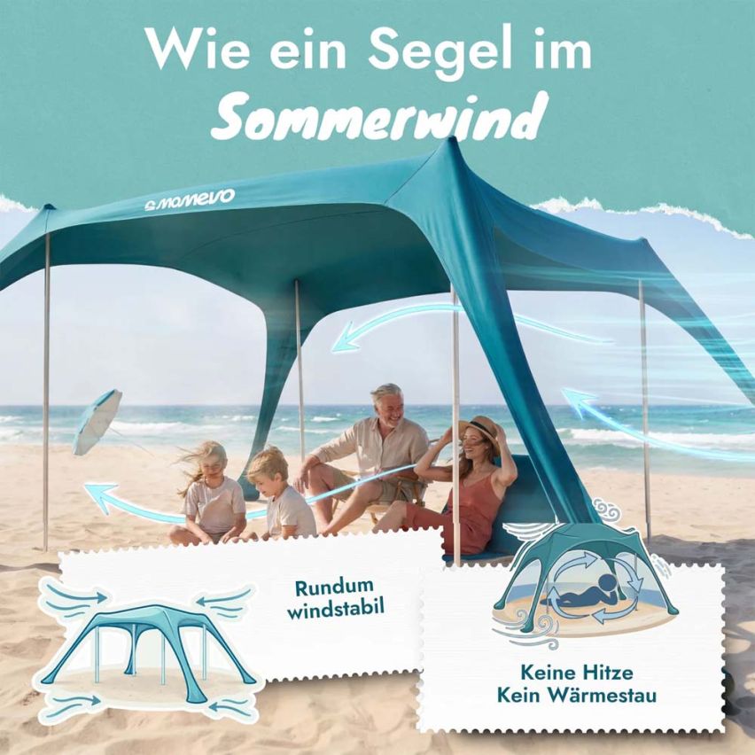 momevo Sunsail XL Strandzelt Sonnensegel UPF50+ petrolblau